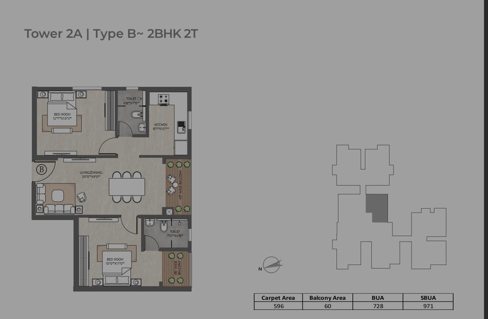 2BHK+2T Floor Plan